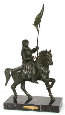 "Jeanne D'arc" Johanna von Orléans zu Pferde mit der Fahne in der linken Hand, - Antiques and art