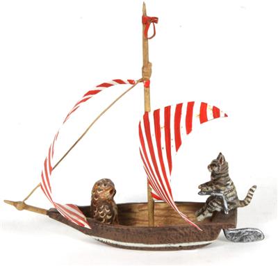 Katze und Eule in Segelboot, - Kunst, Antiquitäten und Möbel
