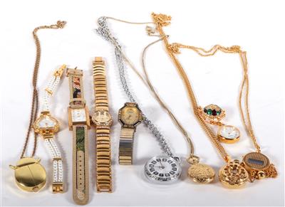 4 Damenarmbanduhren, 1 Broschenuhr, 5 Anhängeruhren 5 Halsketten - Antiques and art