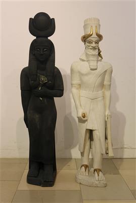2 verschiedene Skulpturen, ägyptischer Priester und ägyptische Gottheit - Arte e antiquariato