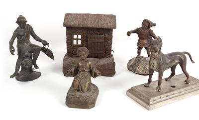 3 Skulpturen 1 Hütte Bronze patiniert, 1 Jesuskind Metall bronziert - Kunst, Antiquitäten und Möbel