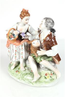 Romantische Szene, Junges Paar mit Blütenkorb und Lamm - Umění a starožitnosti