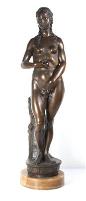 Skulptur "Eva mit dem Apfel an einem Baumstamm lehnend - Arte e antiquariato