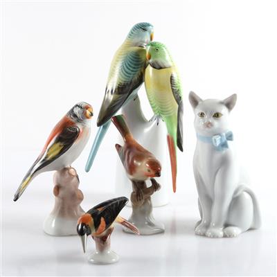 5 Vogelfiguren, 1 Katze - Antiques and art