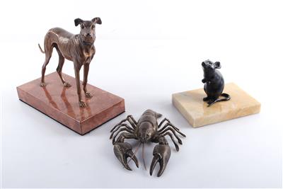 Konvolut aus 3 Bronzefiguren,"Windhund", "Hummer" u. "Maus" - Arte e antiquariato