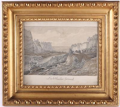 Kleiner Biedermeier Ochsenaugenrahmen mit einer auf Seide gedruckten Ansicht des Liebthaler Grundes - Arte e antiquariato