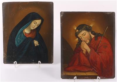 2 sakrale Bildnisse "Christus mit der Dornenkrone" u. "trauernde Maria" - Antiques and art