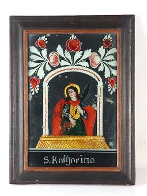 Hinterglasbild mit Spiegelgrund "Heilige Katharina" - Antiques and art