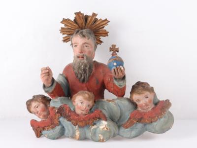Sakrale Skulptur "Gottvater mit der Weltenkugel über Wolkenband mit 3 Engelsköpfen" - Kunst, Antiquitäten, Möbel und Technik