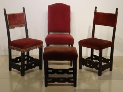 3 variirende, provinzielle Barocksessel mit einem Hocker - Art, antiques, furniture and technology