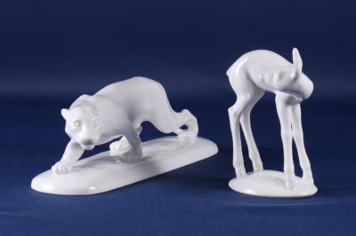 2 Tierfiguren, "Panther" u. "Rehkitz", Marke "Augarten" - Kunst, Antiquitäten, Möbel und Technik