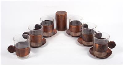 Teeservice aus Kupfer und Glas. Set bestehend aus 5 Untertassen aus Kupfer, - Design zum Nikolo