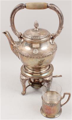 Teekanne mit Rechaud, 6 Teegläser, - Antiquitäten & Bilder