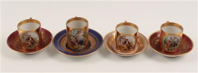 4 verschiedene Mokkatassen mit Untertassen, - Antiques and Paintings