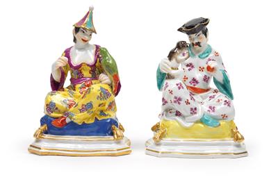 Chinese mit Äffchen und Chinesin mit grünem Amazonas- Papagei als Räuchergefäße, - Möbel und dekorative Kunst, Skulpturen und Antiquitäten, Glas und Porzellan