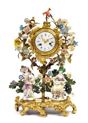 Kaminuhr mit vergoldeter Bronzemontierung und Porzellan-Blüten, - Möbel und dekorative Kunst, Skulpturen und Antiquitäten, Glas und Porzellan