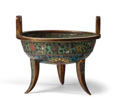 Cloisonné Weihrauchgefäß auf drei Beinen, China, 16./17. Jh., - Asiatika, Antiquitäten und Möbel