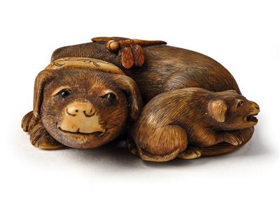 An ivory netsuke of a dog with puppy, Japan, Edo period, 19th century, - Asiatics, Works of Art and furniture