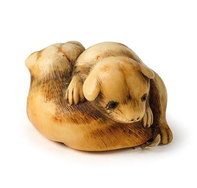 An ivory netsuke of two mating puppies, Japan, Edo period, mid 19th century, signed Ransen - Mobili