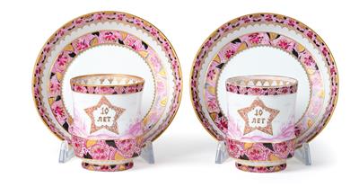 “10 Years’ Anniversary” Pair of Russian Cups with Saucer, - Works of Art