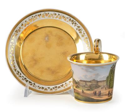 “Le chateau J. R. de Schoenbrunn (vers le jardin) prés de Vienne”, A Veduta Cup with a Saucer, - Starožitnosti