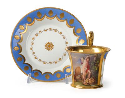 Bild-Tasse mit Allegorie und Untertasse, - Möbel und Antiquitäten