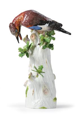 A Jay Perched on a Tree Trunk with Oak Leaves, - Works of Art