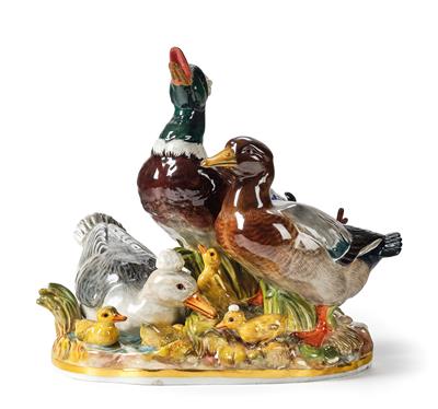 Enten-Gruppe mit Enterich, 2 Enten und 4 Küken, - Möbel und Antiquitäten