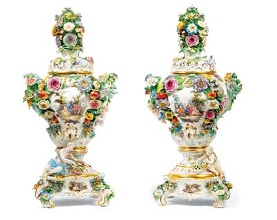 A Pair of Ornamental Vases with Cover and Base, - Works of Art