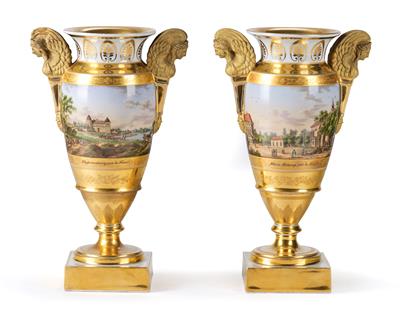 A Pair of Veduta Vases with 2 Views Each: “Klosterneubourg, prés de Vienne und Kahlenbergerdörfel, prés de Vienne”, and “Marie Hietzing, prés de Vienne und Marie-Brunn, prés de Vienne”, - Starožitnosti