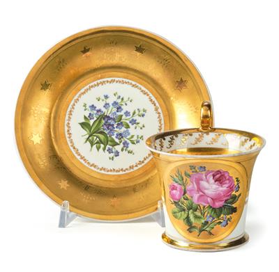 A Cup with Roses and Dedication “Dein Leben sey der Rose gleich und jeder Tag Dir freudenreich”, Saucer with Forget-Me-Nots, - Antiquariato