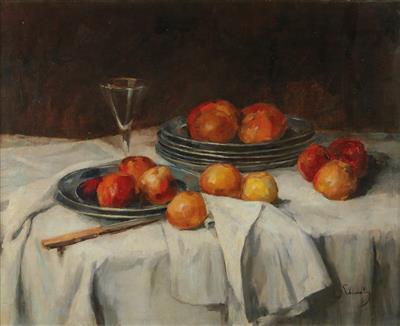 Carl Schuch Umkreis/Circle (1846 - 1903) Stillleben mit Äpfel und Weinglas, - Dipinti