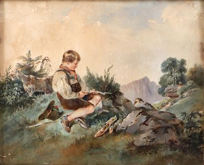 Peter Fendi Umkreis/Circle (1796-1842) Wiesenstück mit sitzendem Knaben, - Master Drawings, Prints before 1900, Watercolours, Miniatures