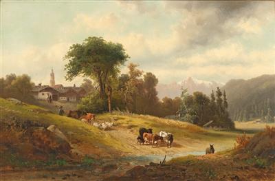 Josef Feid zugeschrieben/attributed (1806-1870) Dorf in Tirol mit einer Tierherde im Vordergrund, - Bilder Varia