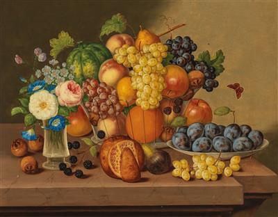Johann Georg Seitz zugeschrieben/attributed (1810-1870) Stillleben mit Früchten und einer kleinen Vase mit Rosen, - Obrazy