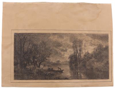 Theodore Rousseau Umkreis/Circle (Paris 1812-1867 Barbizon) Flusslandschaft mit Fischerboot bei Dämmerung, - Dipinti