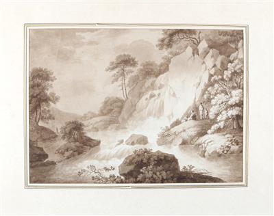 Johann Christian Brand zugeschrieben/attributed (1722-1795) Flusslandschaft mit Wasserfall und Figuren, - Meisterzeichnungen, Druckgraphik bis 1900, Aquarelle und Miniaturen