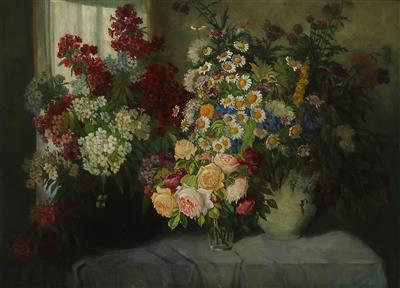 Konstantin Stoitzner zugeschrieben/attributed (1863-1934) Reiches Blumenstück mit Rosen und Wiesenblumen, - Obrazy
