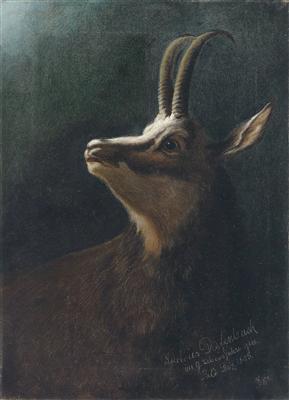 Karl Wilhelm Diefenbach (1851-1913) attributed Head of a Chamois, inscription in the artist’s own hand "Painted by Lucidus Diefenbach in his 9th year... Dec.1895", oil on canvas, 49.5 x 35 cm, unframed, (W) - 19th Century Paintings and Watercolours