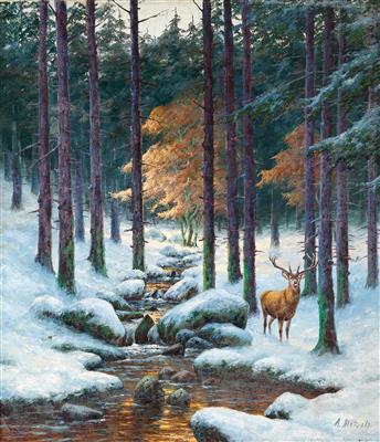 August Mötsch * (Düsseldorf 1869-1952) Stag in a Winter Woodland, - Dipinti a olio e acquarelli del XIX secolo