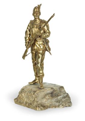 Vergoldete Bronzestatuette auf Steinsockel - Historische Waffen, Uniformen, Militaria