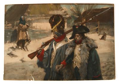 Druck nach einem Gemälde von Wojciech Kossak - Aquarell Napoleonischer Grenadier und Infanterist in russischer winterlicher Landschaft, - Antique Arms, Uniforms and Militaria