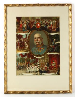 Kolorierter Druck betitelt 'Andenken an das 60. jährige Regierungs-Jubiläums des Kaisers Franz Joseph', - Antique Arms, Uniforms and Militaria