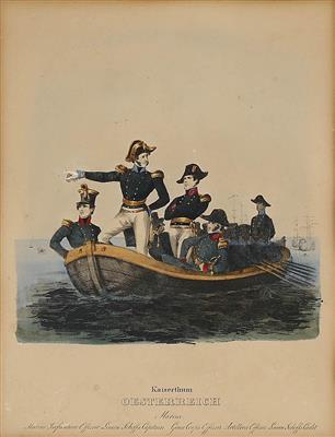 Kolorierter Druck, darstellend eine Gruppe von k. k. Marineoffizieren in ihren Uniformen um 1820, - Historische Waffen, Uniformen & Militaria
