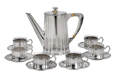 A Hungarian mocha pot and six cups with saucers, - Secese a umění 20. století