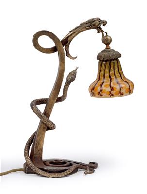 An overlaid and etched table lamp with dragon and snake, - Jugendstil and 20th Century Arts and Crafts