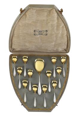 Hans Christiansen (Flensburg 1866-1945 Wiesbaden), A set of twelve cream spoons with serving part in original case, - Jugendstil and 20th Century Arts and Crafts