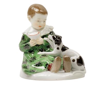 Rumrich, A seated child with a dog, holding a cup in his hands, - Jugendstil and 20th Century Arts and Crafts