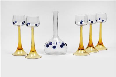 Five wine glasses, Kunstgewerbeschule Vienna, before 1905, Bohemian manufactory, commissioned by E. Bakalowits & Söhne, Vienna, before 1905 and a carafe, Kolo Moser School, E. Bakalowits & Söhne, Vienna c.1900 - Jugendstil e arte applicata del XX secolo