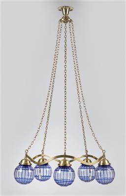 A five-arm chandelier, attributed to Hugo Gorge, c. 1910/15 with lamp globes by Meyr’s Neffe, Adolf and Fachschule Haida, Oertel, c. 1910 - Jugendstil and 20th Century Arts and Crafts